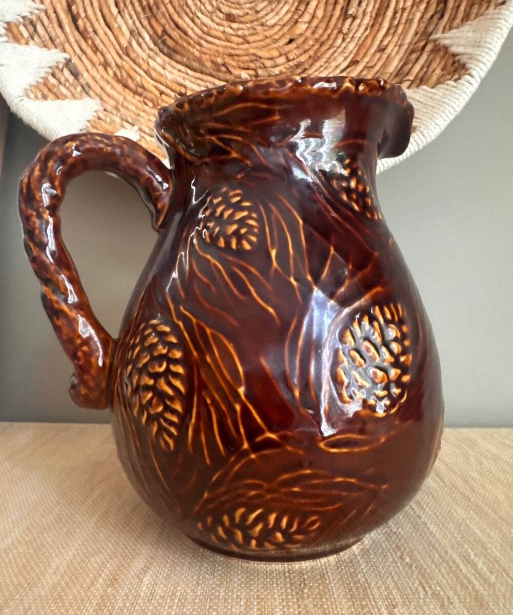 Vintage Majolica Style Brown Pinecone Stoneware Pitcher Vase - Fall Centerpiece